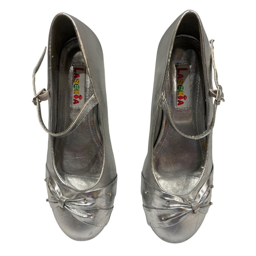 Lasonia Mary Jane Heels Girls‎ Size 4 Silver Metallic Rhinestone Bow Dress Shoes